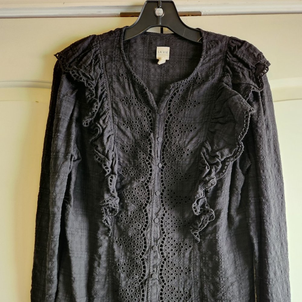La Vie by Rebecca Taylor Black Long-Sleeved, Cotton, Ruffled Eyelet blouse - M